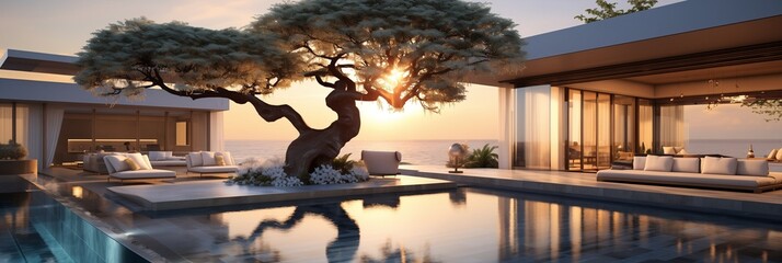Luxury Seaside Villa Courtyard with Ancient Tree and Sunset