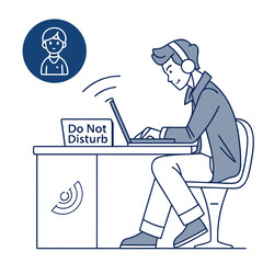 Man wearing headphones typing on laptop with do not disturb sign