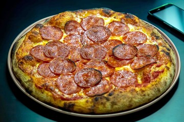 Pepperoni's true rustic pizza with sourdough mass fermented with Levain. A perfect vera pizza, perfect for advertising.