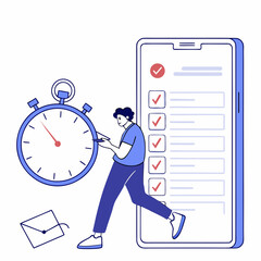 Man with stopwatch and checklist on phone time management
