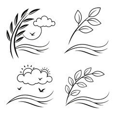 Nature elements with leaves clouds sun and birds branches