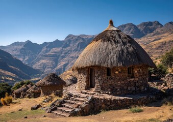 A stone hut with a thatched roof sits on a hillside, other similar structures are visible in the background, mountains rise behind under a clear blue sky