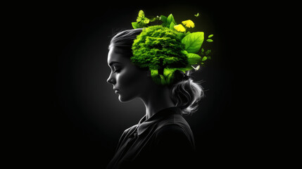 Nature Mind Concept  Woman with Tree and Leaves in Head