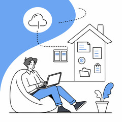 Person working remotely with laptop and cloud remote work