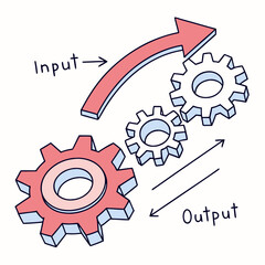Red and blue gears processing input to output transformation