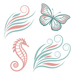 Fototapeta premium Seahorse butterfly and floral swirls decorative