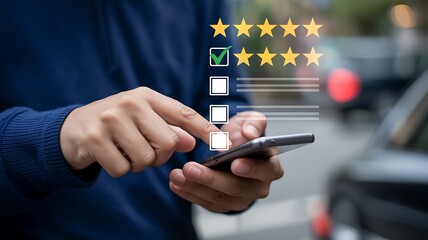 Person using smartphone to rate service with stars
