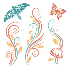 Fototapeta premium Teal coral and yellow floral swirls and butterflies
