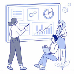 Team analyzing financial data on presentation board