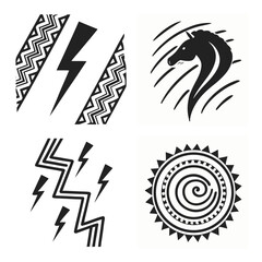 Tribal patterns lightning horse sun symbols bolt