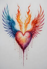 Fototapeta premium Fiery Heart with Angelic Wings: A Watercolor Painting of Passion and Devotion