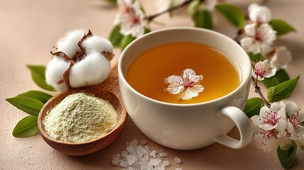 Aromatic herbal tea with spring blossoms and natural powder.