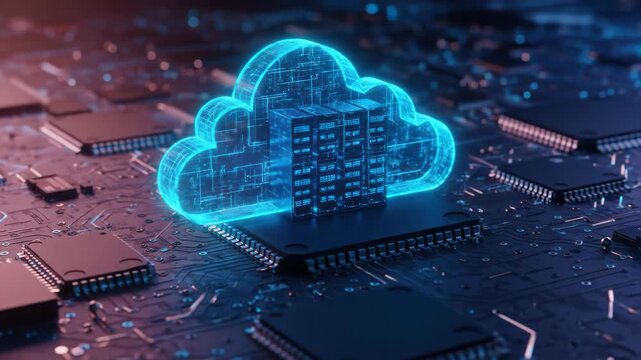 Glowing cloud server icon digitally embedded within a circuit board, representing cloud computing and data storage technology - Powered by Adobe