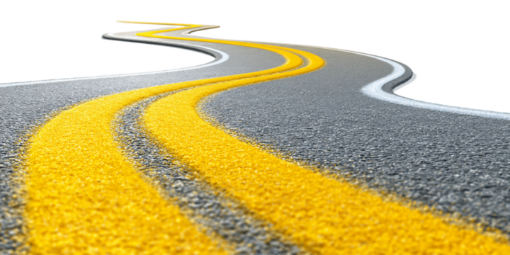 Curving Asphalt Road with Double Yellow Lines on Transparent Background Guiding the Way Forward to an Unknown Destination, PNG