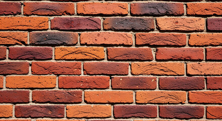 Obraz premium Close-up view of a textured brick wall featuring various shades of red and brown bricks.