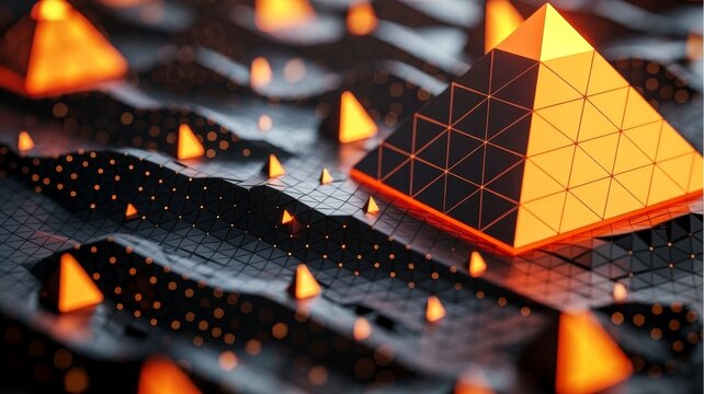 Futuristic digital depiction of glowing pyramids amidst rectangular patterned surfaces, showcasing geometric abstraction and technological aesthetics.