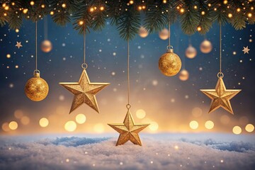 Golden Christmas Ornaments and Stars Hanging with Fir Branches and Snowflakes on Blue Background