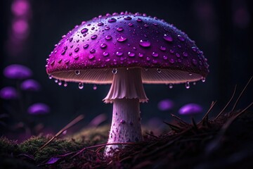 Close up macro of vibrant purple mushroom with water droplets in a forest setting