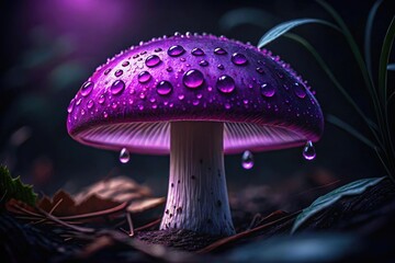 Close up macro photo of a vibrant purple mushroom with water droplets in a forest setting