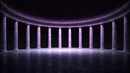 Dark circular hall with curved marble columns and purple lighting creating a dramatic atmosphere