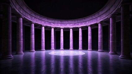 Purple illuminated circular hall with marble columns and a spotlight on the floor