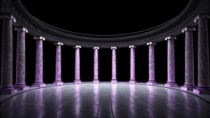 Circular hall with purple marble columns and reflective floor against a black background
