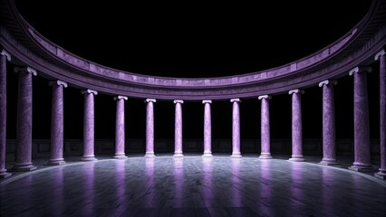 Purple marble columns in a circular hall with reflective floor and black background