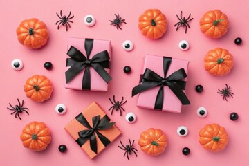 Halloween flat lay with orange pumpkins gift boxes black spiders and eyeballs on pink background