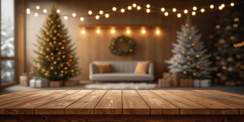 Wooden table top with Christmas tree lights and blurred living room background wood grain