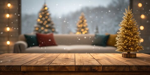 Wooden table top with Christmas tree lights and blurred background of sofa and snow