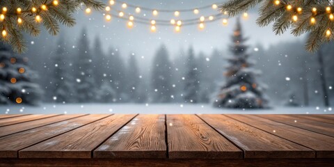 Wooden table top with snowy forest background Christmas lights and falling snowflakes