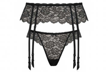 Sophisticated black lace lingerie set featuring delicate garter belt, panties against transparent backdrop, highlighting intimate fashion details