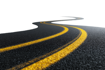 Curving Asphalt Road with Yellow Dividing Lines on Transparent Backdrop for Travel and Route Concepts, PNG