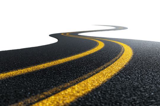 Curving Asphalt Road with Yellow Dividing Lines on Transparent Backdrop for Travel and Route Concepts, PNG