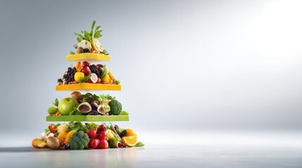 Obraz premium Four abstract colorful food pyramids merging into one harmonious structure, representing dietary synergy.