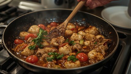 Pan-Seared Scallops with Cherry Tomatoes and Pork Belly in a Rich Sauce