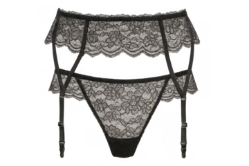Black lace lingerie set with garter belt, revealing delicate design against transparent background, highlighting sensual intimate wear