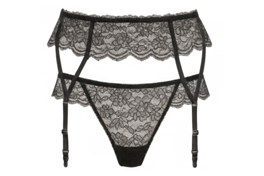 Black lace lingerie set with garter belt, revealing delicate design against transparent background, highlighting sensual intimate wear