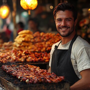 Fototapeta Spanish saucier grilling meat a street stall