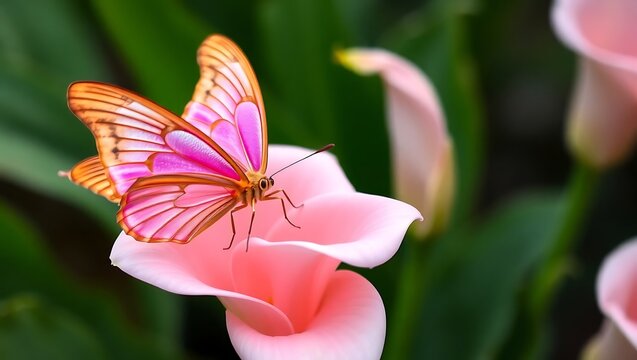 Exquisite Pink Cattleheart Butterfly Resting on a Delicate Pink Calla Lily