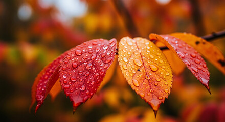 Close-up of vibrant autumn leaves with water droplets.