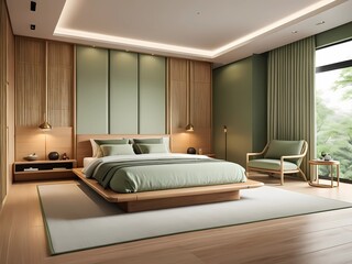 Fototapeta premium A luxurious and modern bedroom in 2025, designed with soft green tones and warm ambient lighting. The room blends classic elegance with futuristic minimalism and subtle Eastern influences. 