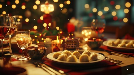 Festive Christmas dinner table with dumplings