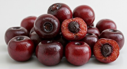 Obraz premium Juicy red cherries gleam brightly against a stark white background. AI Generated
