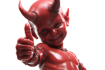 3D Render of Smiling Little Devil Giving Thumbs-Up with Mischievous Grin, Dynamic Angle, Transparent PNG