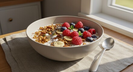 Healthy Yogurt Bowl with Raspberries and Granola Near Window