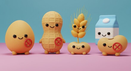 Cute Food Allergen Characters Egg, Peanut, Wheat, Milk, Colorful Design