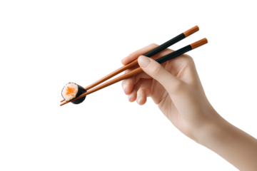 Hand Holding Wooden Chopsticks with Sushi Bite, Minimal Top-Down Composition, Transparent Background PNG