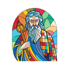 A vibrant mosaic icon of the Old Testament prophet Moses, with a rich blend of colors and intricate detailing.