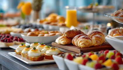 Fototapeta premium Breakfast buffet with various foods. Fresh fruit, pastries, bread, orange juice at morning meeting. Catering for seminar, business events. Healthy food at corporate events.